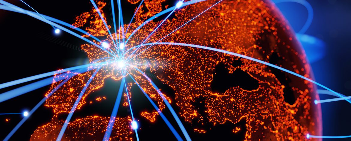Globalisierungs- und Kommunikationskonzept. Erde und Leuchtstrahlen. 3D-Rendering - Stock-Fotografie